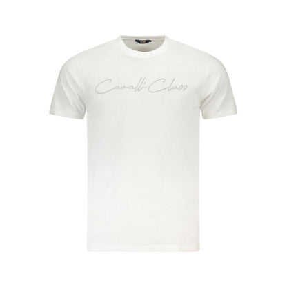 Cavalli Class White Cotton Mens TShirt with logo, stylish crew neck design from soft cotton for comfort and sophistication.