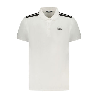Cavalli Class White Cotton Men Polo Shirt with signature embroidery and contrasting details, perfect for a fashion-forward style.