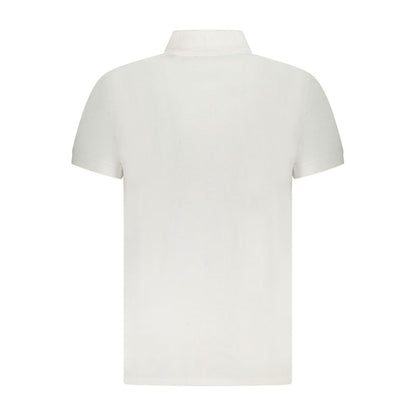Back view of Cavalli Class White Cotton Men Polo Shirt with short sleeves and classic collar.