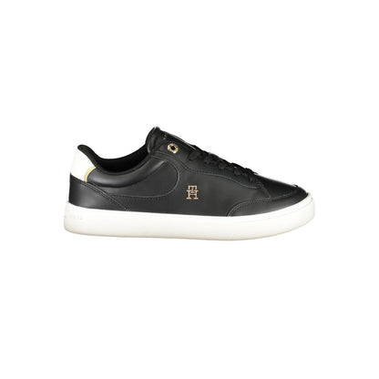 Tommy Hilfiger Black Leather Women Sneaker with logo and white sole, side view