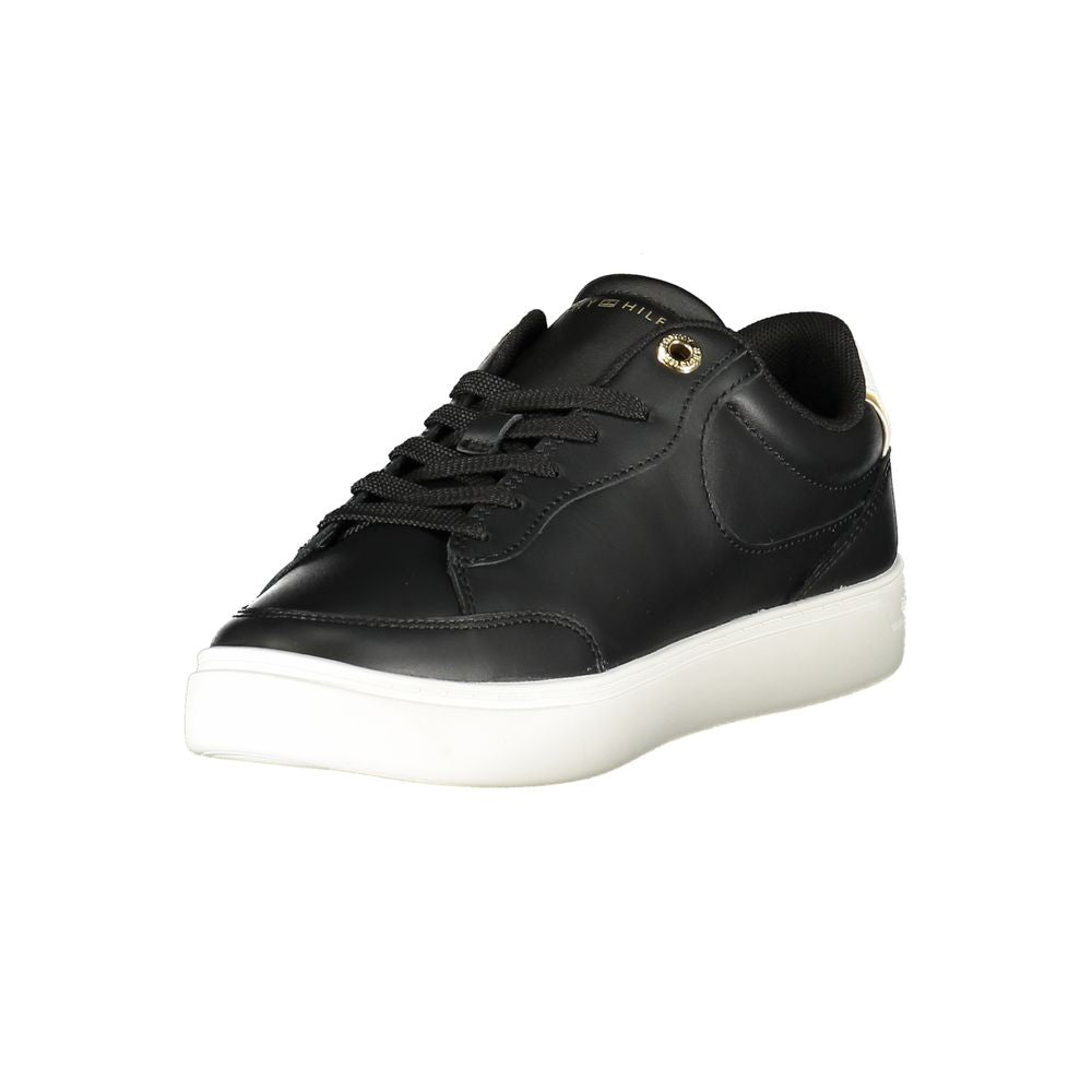 Tommy Hilfiger Black Leather Women Sneaker with contrasting details and iconic logo, ideal for chic casual wear and personalized comfort.