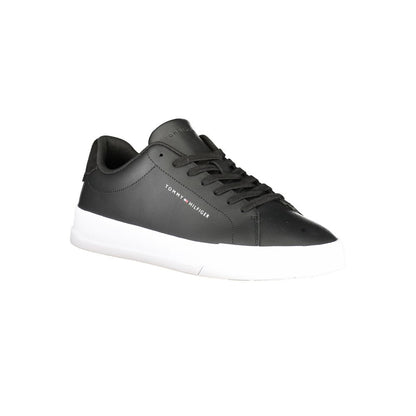 Tommy Hilfiger Black Leather Men Sneaker with white sole and logo detail for a modern stylish look