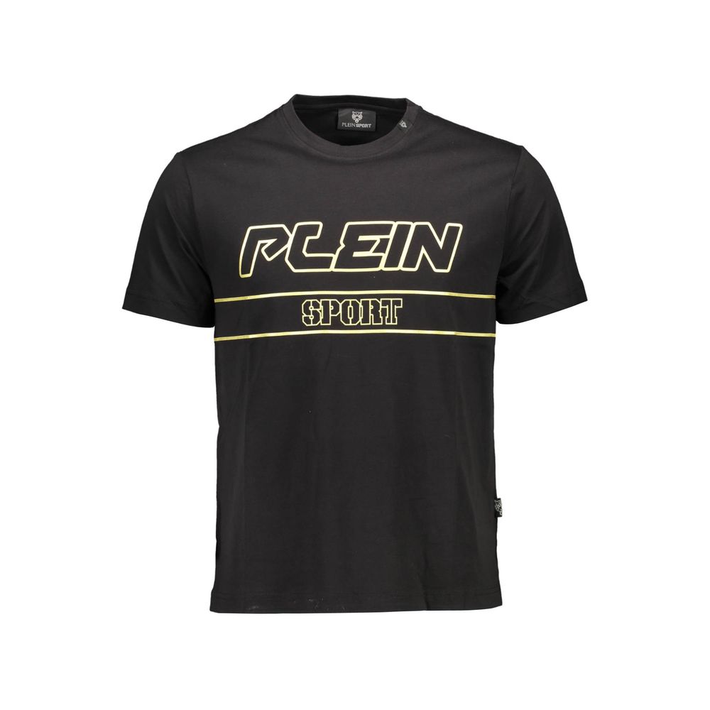 Plein Sport Black Cotton Men T-Shirt with logo print, short sleeves, and soft fabric, perfect for a bold statement. Color: Black.