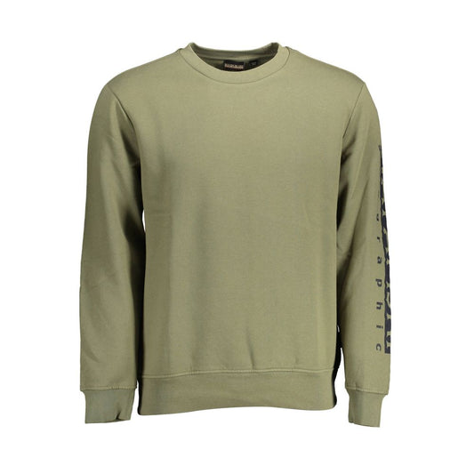 Napapijri Green Cotton Men Sweater with crew neck and logo on sleeve, a versatile and stylish addition to any wardrobe for casual comfort.