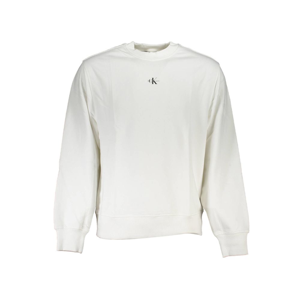 Calvin Klein White Cotton Men Sweater, long sleeve crew neck with logo, perfect for casual wear.