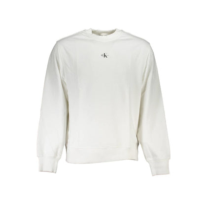 Calvin Klein White Cotton Men Sweater, long sleeve crew neck with logo, perfect for casual wear.