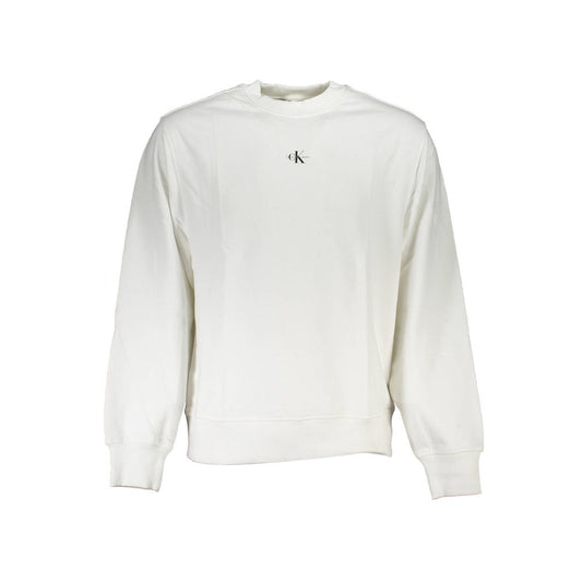 Calvin Klein White Cotton Men Sweater, long sleeve crew neck with logo, perfect for casual wear.