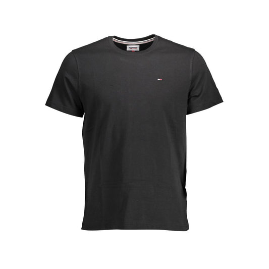 Tommy Hilfiger Black Organic Cotton Men T-Shirt with embroidered logo, short sleeves, crew neck design, versatile for casual wear.