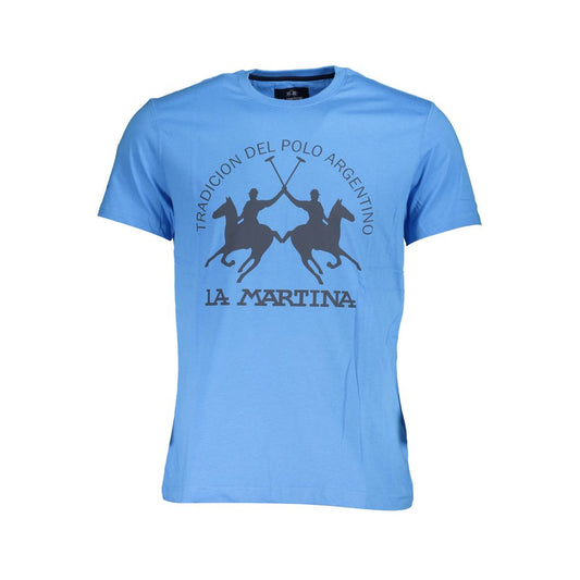 La Martina Blue Cotton Men T-Shirt with crew neck and logo print for casual luxurious style, short sleeve regular fit.