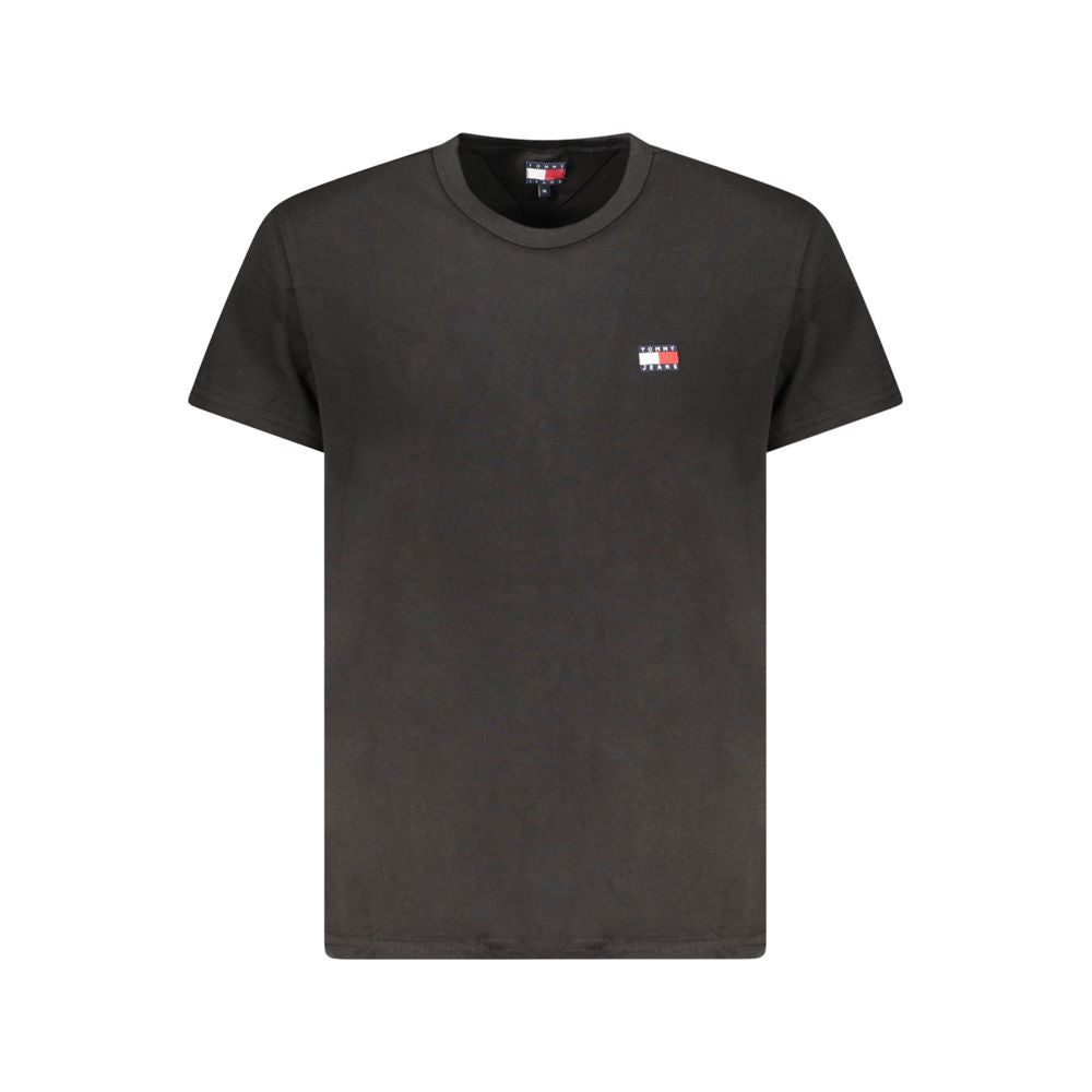 Tommy Hilfiger Black Cotton Men T-Shirt with embroidered logo, eco-friendly crew neck design for luxury and sustainability.
