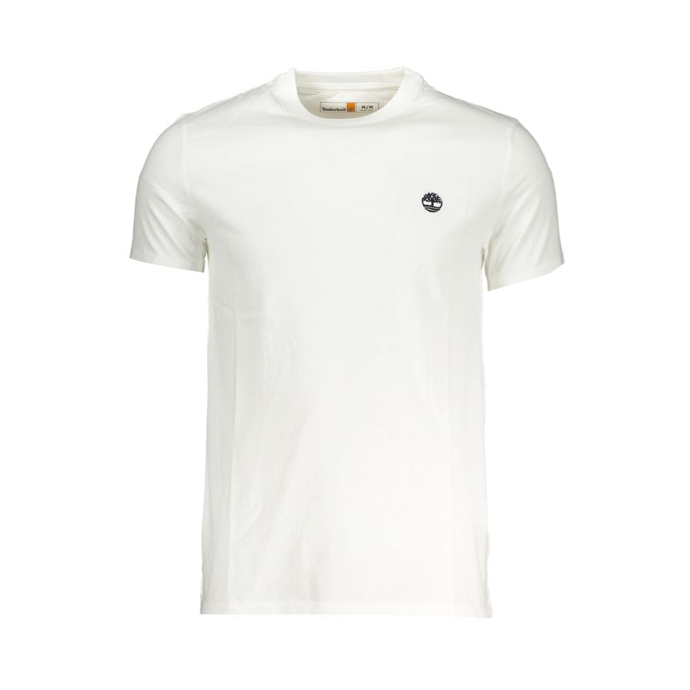 Timberland White Cotton Men T-Shirt with logo embroidery, slim-fit short sleeve design, crafted from premium cotton for comfort.