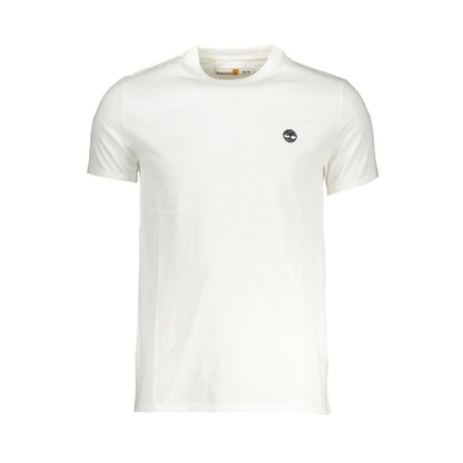 Timberland White Cotton Men T-Shirt with logo embroidery, slim-fit short sleeve design, crafted from premium cotton for comfort.