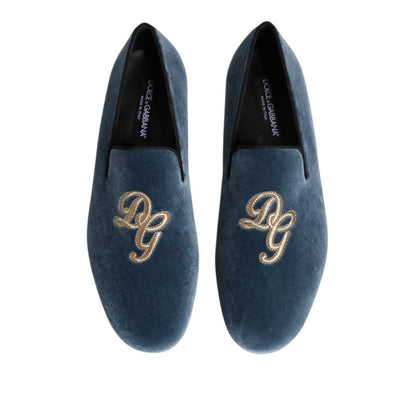 Dolce & Gabbana Blue Velvet DG Logo Loafers Formal Shoes