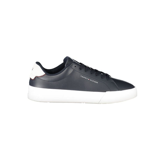Tommy Hilfiger Blue Leather Men Sneaker with white accents and lace-up design, featuring the iconic logo for sporty sophistication.