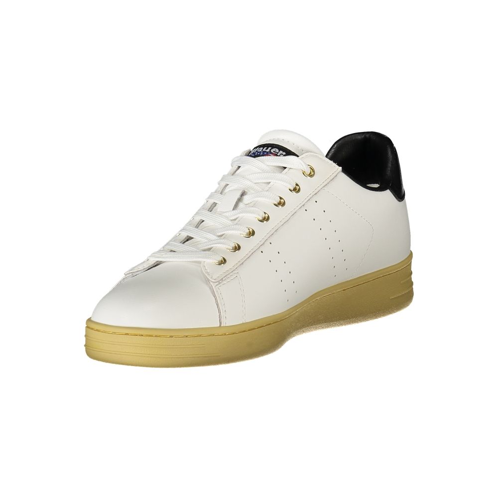 Blauer White Leather Men Sneaker with black details and removable footbed for comfort, featuring bold Blauer logo and print.
