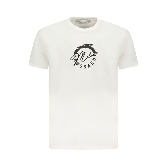 Trussardi White Cotton Men T-Shirt with iconic logo print, front view showing soft cotton fabric