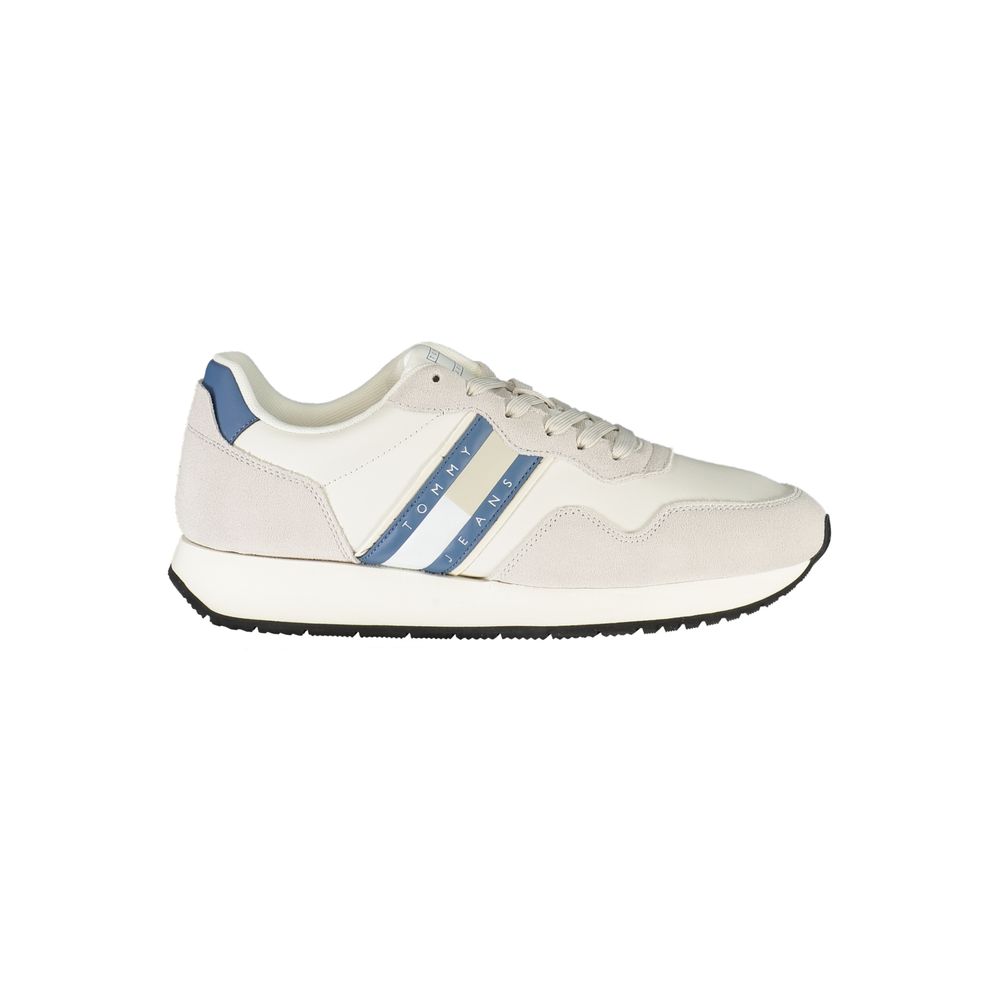 Tommy Hilfiger White Leather Men Sneaker with blue accents, removable insole, stylish branding, perfect for casual ensembles.