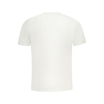 Back view of North Sails White Cotton Men T-Shirt with short sleeves, iconic logo, and a trendy design for stylish casual wear.