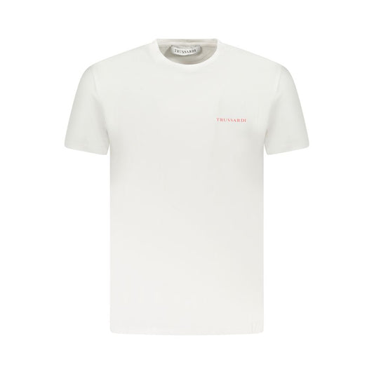Trussardi White Cotton Men T-Shirt with logo print, luxury casual wear, premium cotton blend, short-sleeve, crew neck shirt.