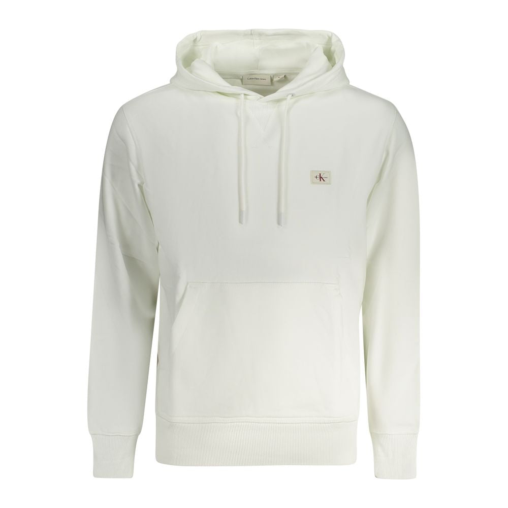 Calvin Klein White Cotton Men Sweater with hood and kangaroo pocket, made from premium cotton blend for comfort and luxury.