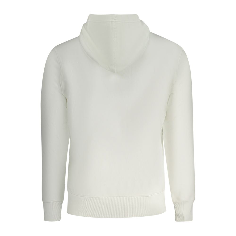 Calvin Klein White Cotton Men Sweater, back view showing hood and long sleeves, luxury fashion statement