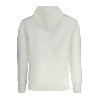 Calvin Klein White Cotton Men Sweater, back view showing hood and long sleeves, luxury fashion statement