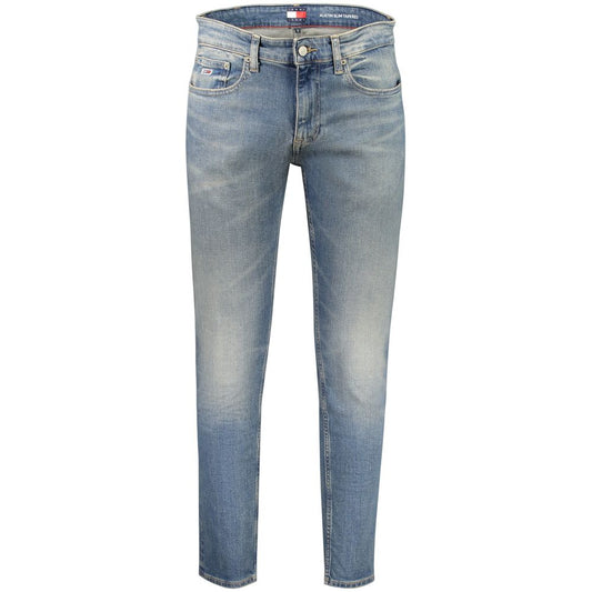 Tommy Hilfiger Blue Cotton Men Jeans featuring a stylish washed effect with embroidered logo, Austin Slim Tapered design, regenerative cotton.