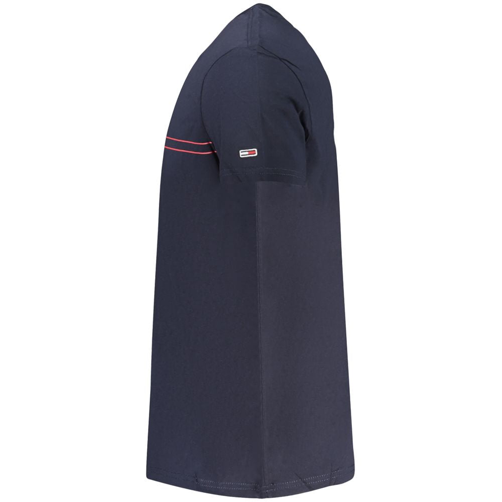 Side view of Tommy Hilfiger Blue Cotton Men T-Shirt featuring short sleeves and crew neck with logo detail on sleeve.