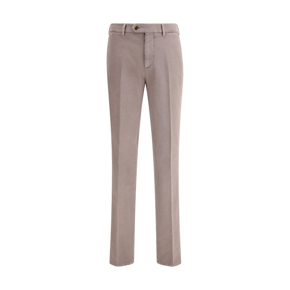Brunello Cucinelli Gray Cotton Casual Pants with button and zipper closure, belt loops, side slash pockets, and welt pockets.