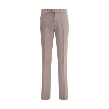 Brunello Cucinelli Gray Cotton Casual Pants with button and zipper closure, belt loops, side slash pockets, and welt pockets.