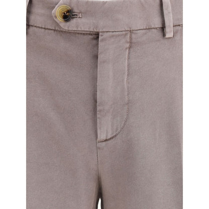 Close-up view of Brunello Cucinelli Gray Cotton Casual Pants showing front button, zipper closure, and belt loops.
