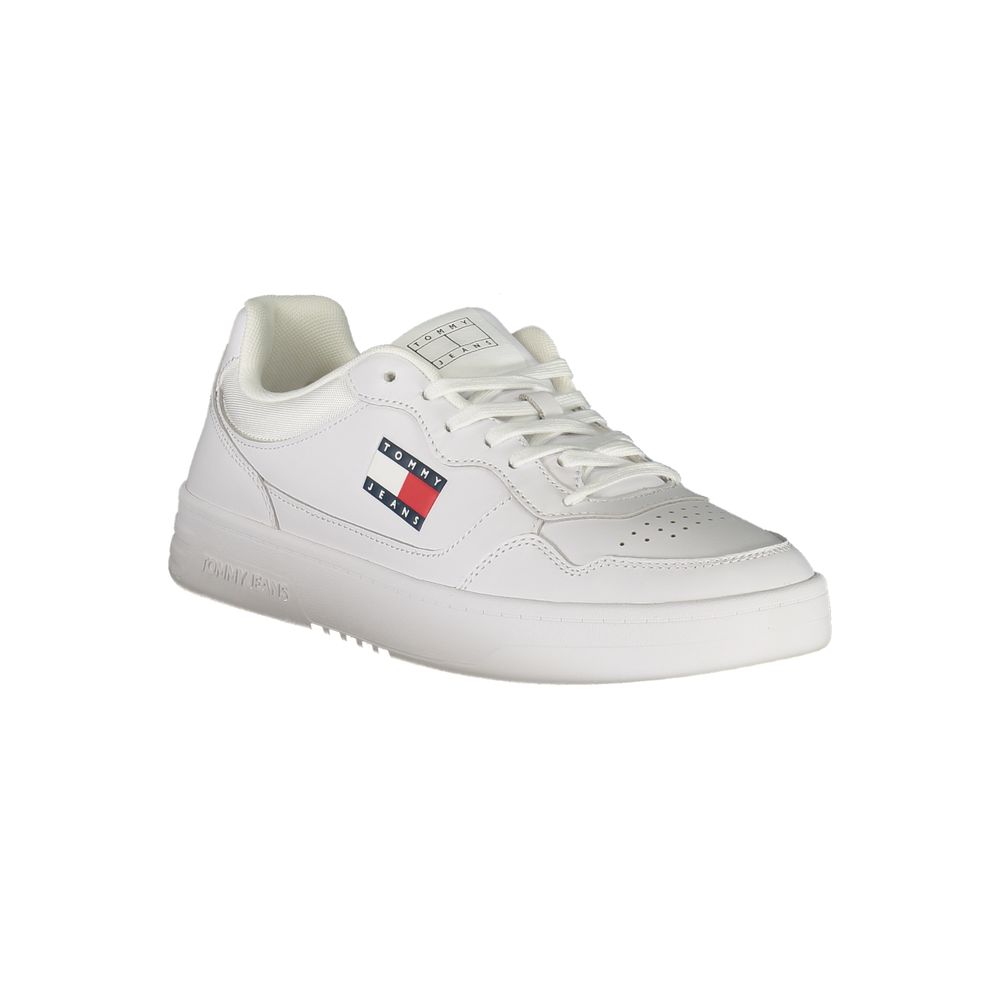 Tommy Hilfiger White Leather Mens Sneaker with logo, showcasing sporty design and comfort-focused features.