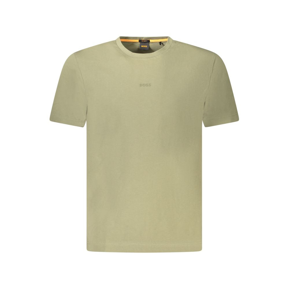 Hugo Boss Green Cotton Men TShirt with logo, showcasing luxury and comfort, made of organic cotton blend for a relaxed fit.