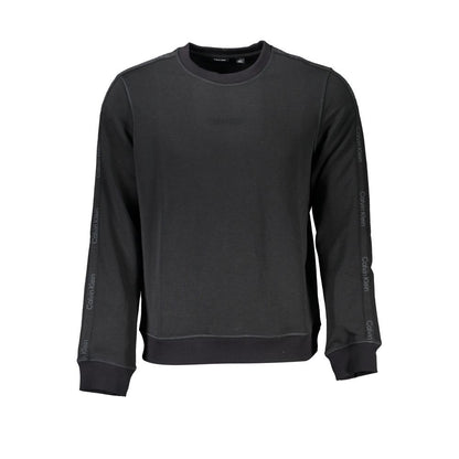 Calvin Klein Black Polyester Men Sweater with long sleeves and distinct logo print, epitome of urban sophistication and athletic chic fashion.