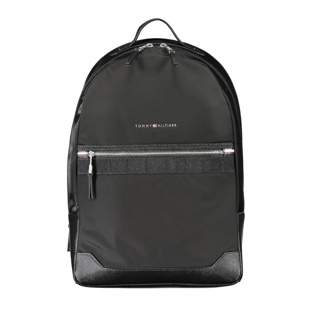 Tommy Hilfiger Black Polyester Backpack with handle, adjustable straps, external pocket, and zip closure, featuring logo.