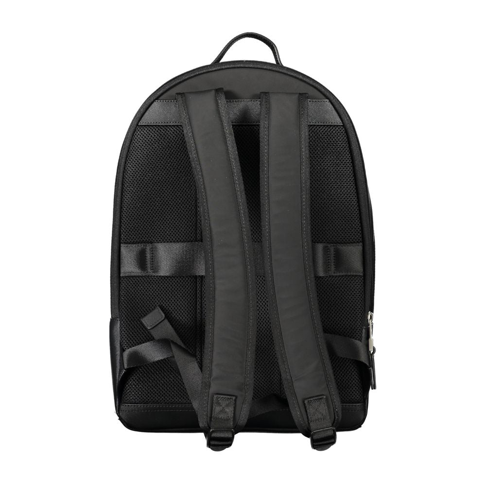 Tommy Hilfiger Black Polyester Backpack with adjustable straps and a handle, 50% recycled polyester, back view.