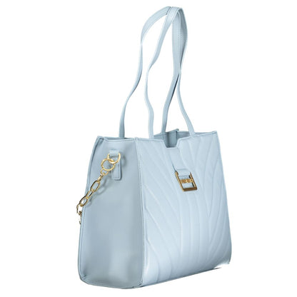 Mario Valentino Blue Polyethylene Handbag with two shoulder handles, removable chain, two compartments, contrast details, and logo.