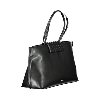Calvin Klein Black Polyester Handbag with two shoulder handles, internal pocket, contrast details, and logo.