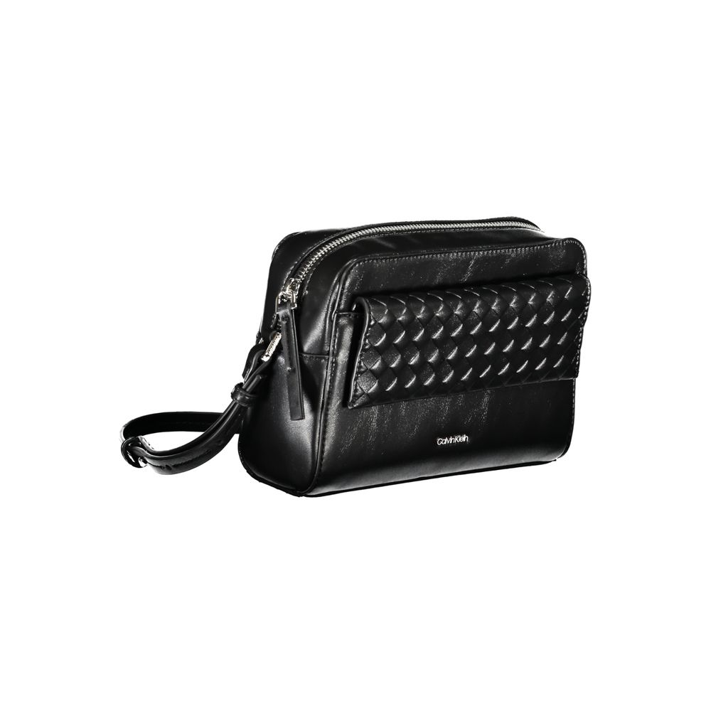 Calvin Klein Black Polyester Handbag with adjustable strap, external pocket, internal card pocket, zip closure, and logo detail.