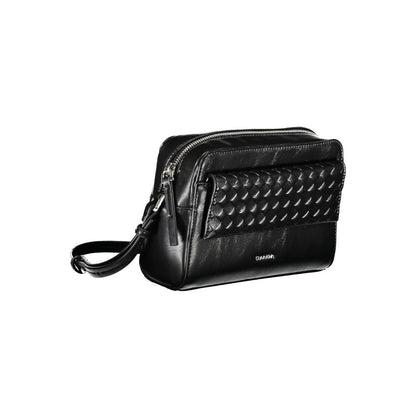 Calvin Klein Black Polyester Handbag with adjustable strap, external pocket, internal card pocket, zip closure, and logo detail.