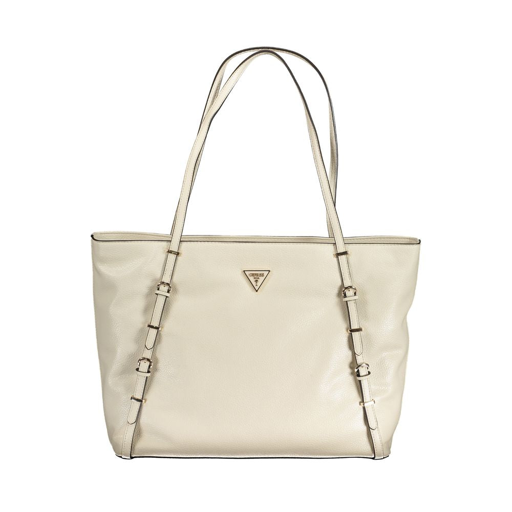 Guess Jeans Beige Polyethylene Handbag with two shoulder handles, external pocket, internal phone holder, and zip closure.