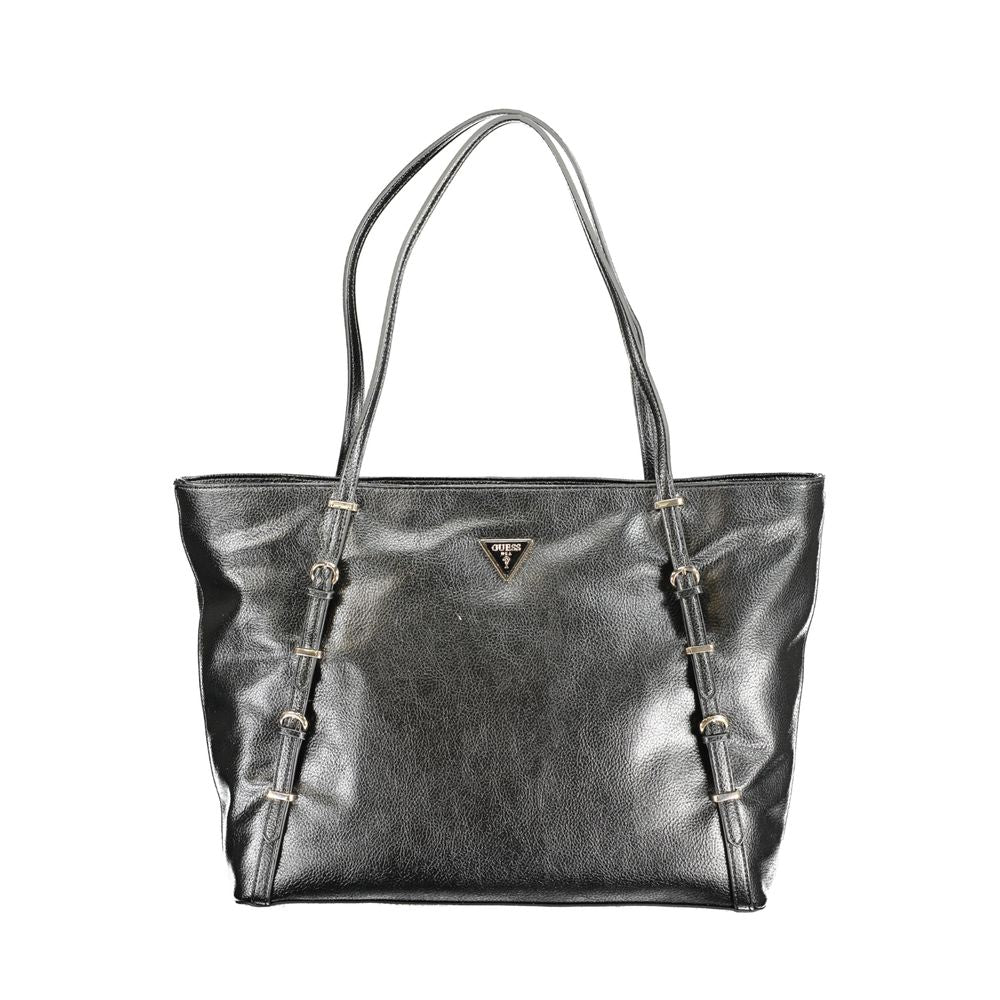 Guess Jeans Black Polyethylene Handbag with two shoulder handles, external and internal pockets, and protective feet.