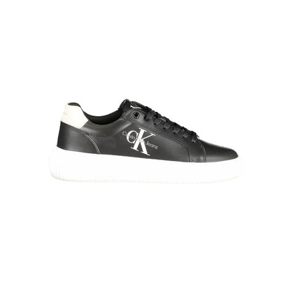 Calvin Klein Black Polyester Sneaker with laces, contrast details, logo print, 50% recycled thermoplastic rubber, sports footwear.