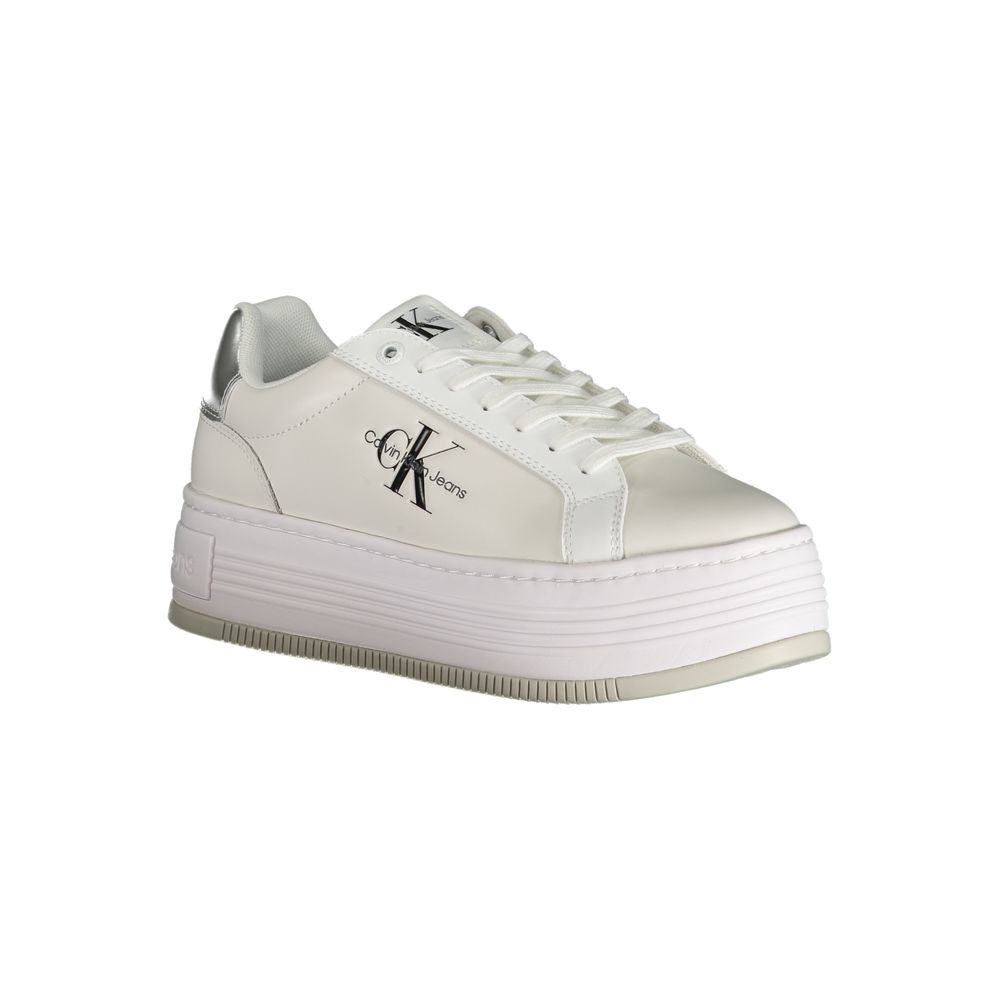 Calvin Klein White Polyester Sneaker with contrast details, 5 cm wedge, and logo print, sports footwear with laces.