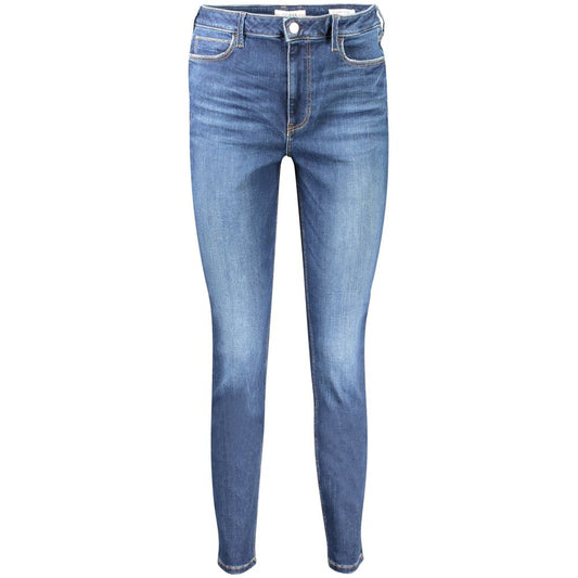 Guess Jeans Blue Cotton Women Jeans, sustainable high-rise skinny design with recycled cotton and Guess logo, button-and-zip closure.