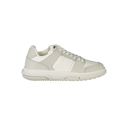 Tommy Hilfiger White Polyester Sneaker with grey details, removable footbed, sports shoe design, and logo print.