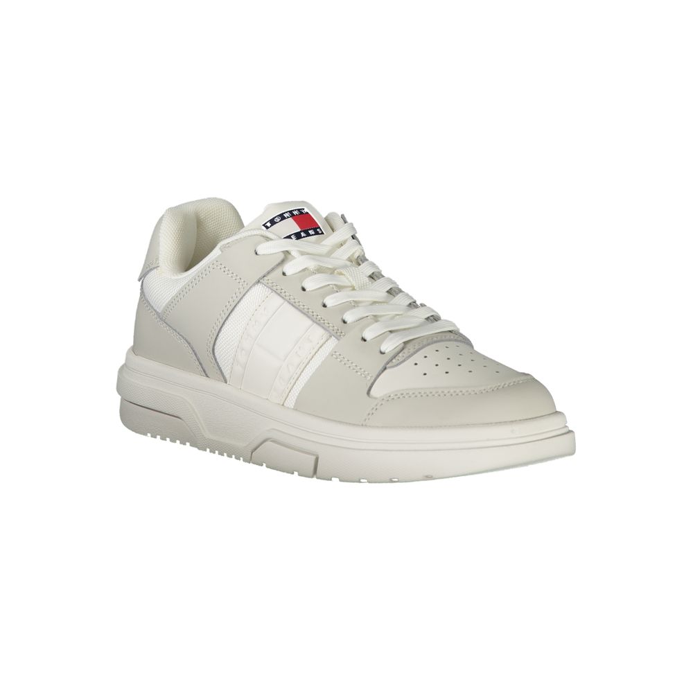 Tommy Hilfiger White Polyester Sneaker, sports shoe with laces, grey contrasting details, removable footbed, logo print