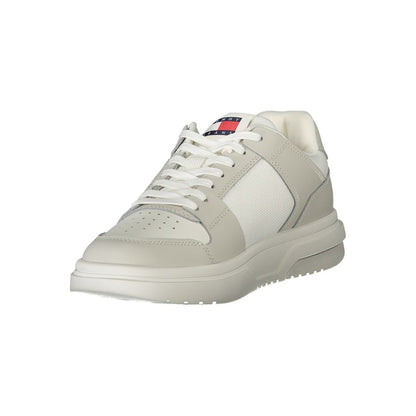 Alt Tag: Tommy Hilfiger White Polyester Sneaker with grey details, removable footbed, and logo, sports shoe with laces.