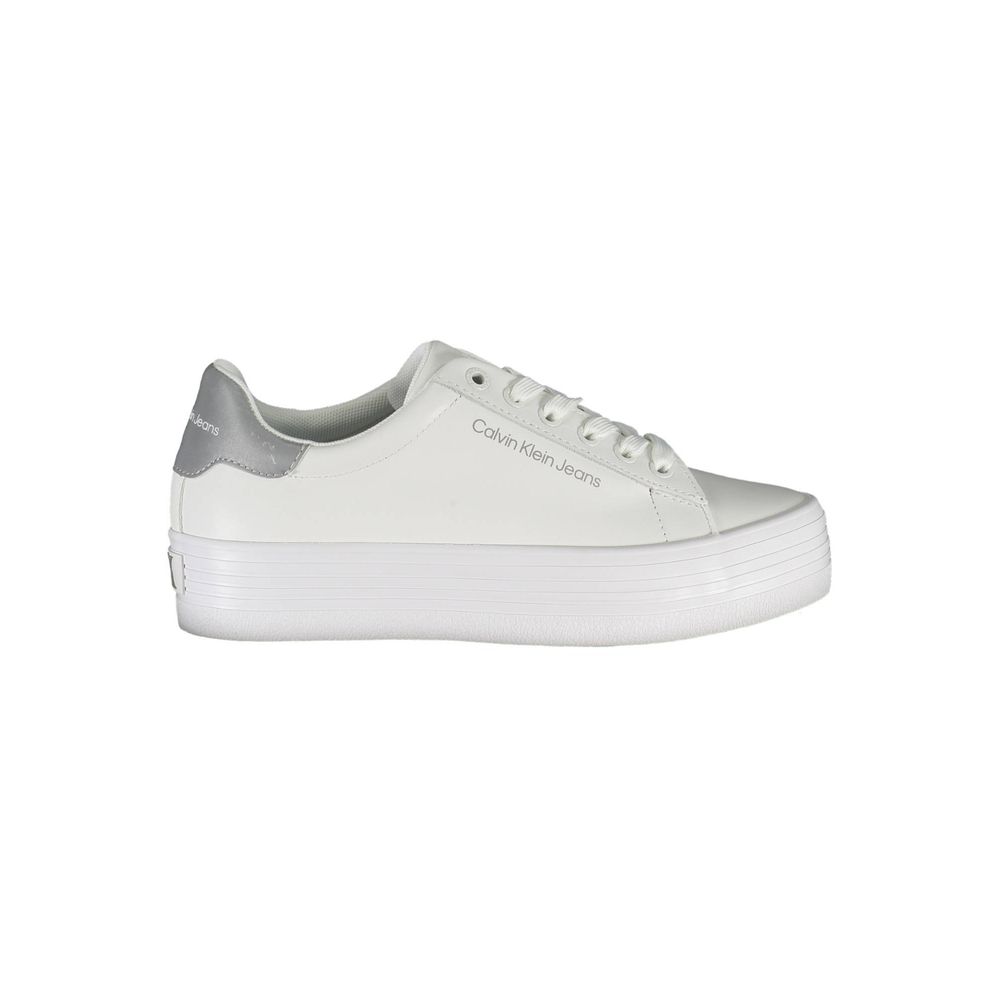 Calvin Klein White Polyester Sneaker with laces, contrasting details, logo print, made from 100% recycled polyester.