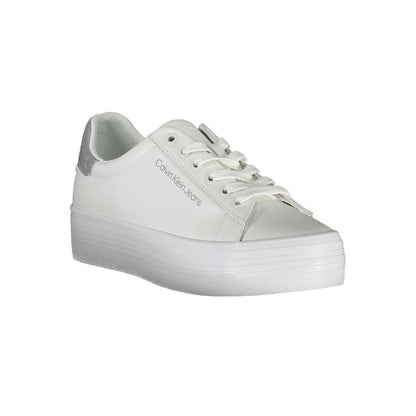 Calvin Klein White Polyester Sneaker with laces and contrasting details, featuring logo print, made of 100% recycled polyester.